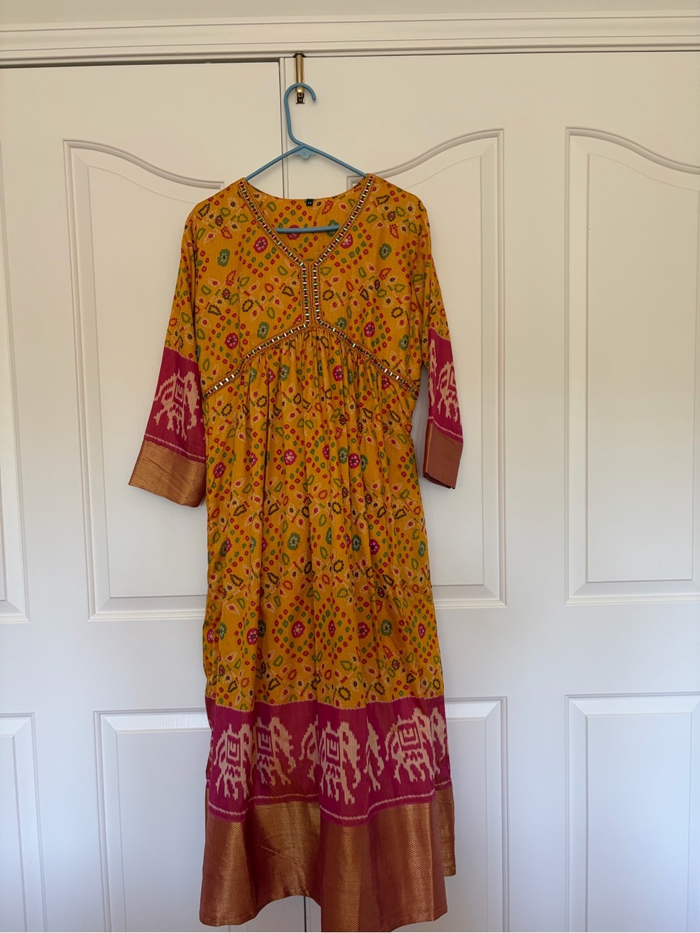 Women’s Mustard Yellow Paisley Boho Maxi Dress with Magenta Trim